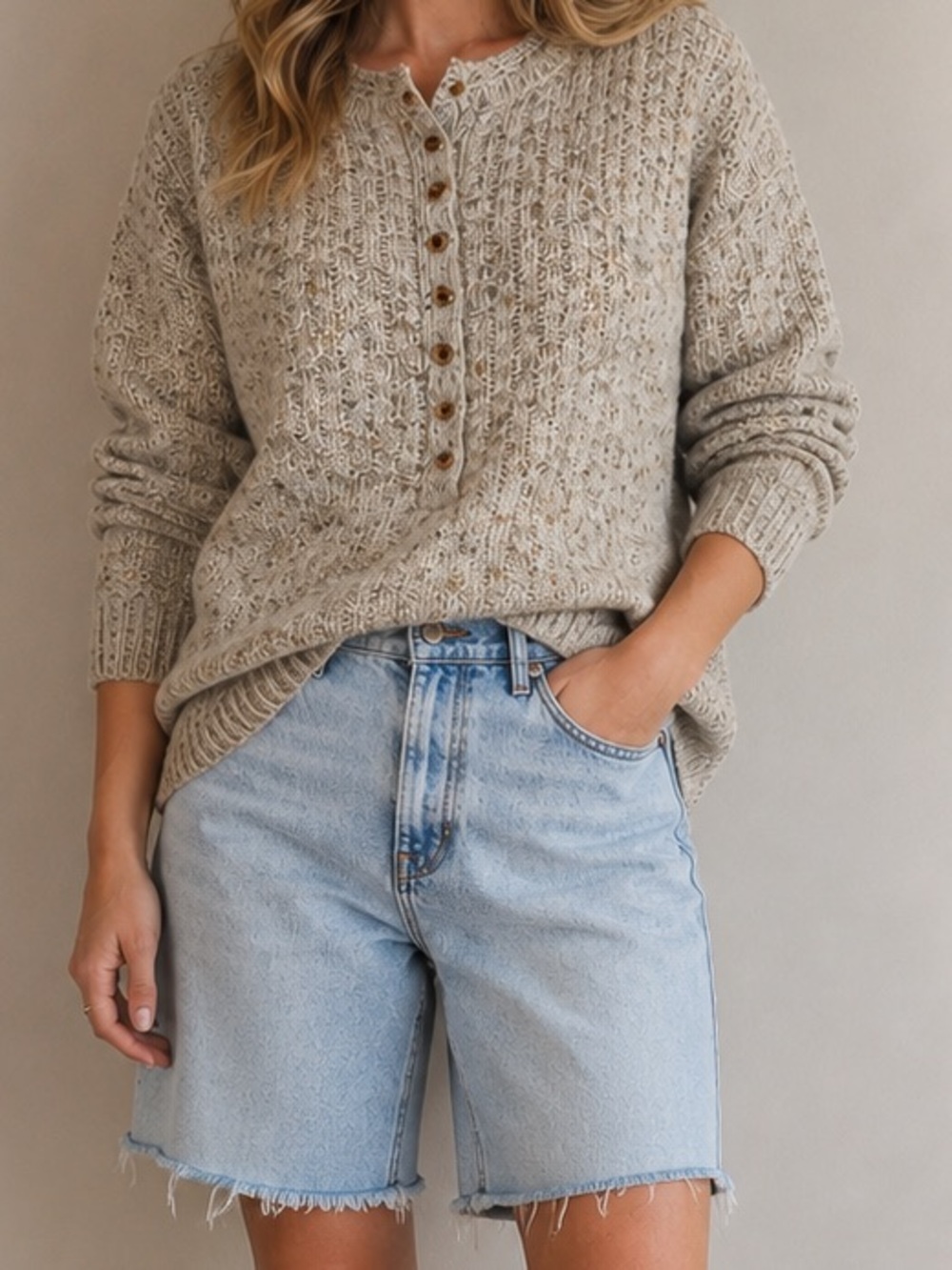 Neutral Knit Henley Sweater oatmeal Vintage Limited Express wool blend MEDIUM